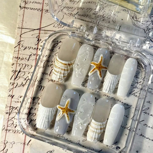 【海星派对】夏季纯手工穿戴甲高级感手绘立体浮雕海纹美甲成品贴