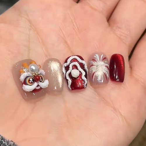 纯手工穿戴甲新年喜庆国风烟花车厘子红浮雕醒狮显白猫眼豆豆甲