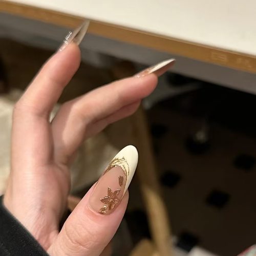 纯手工穿戴美甲秋日金箔法式透亮金秋气质高级感氛围感穿戴美甲贴