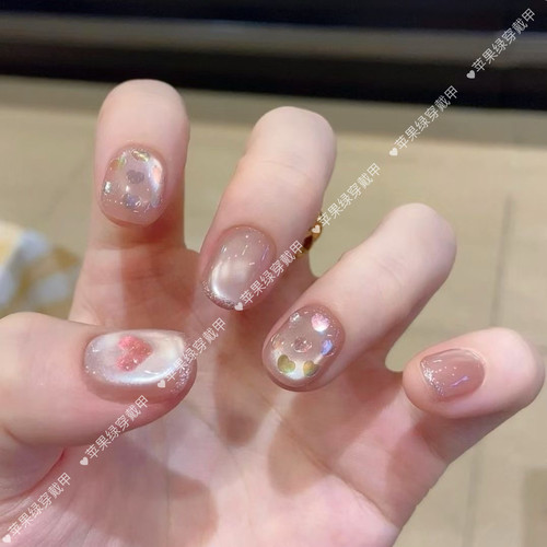 【怦然心动】韩式高级感超嫩镂空爱心猫眼小短甲纯手工美甲穿戴甲