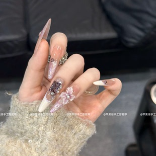 ins风纯手工穿戴甲长款 高定 美甲贴片假指甲 手工雕花 水彩晕染