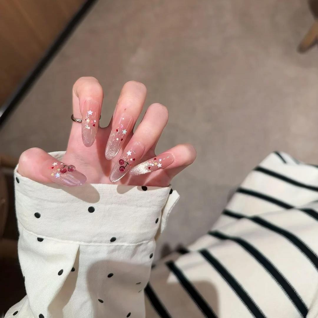 手工穿戴甲夏日小樱桃粉嫩少女心爆闪猫眼立体樱桃星星显白美甲贴