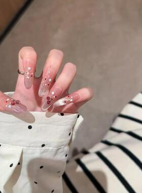 手工穿戴甲夏日小樱桃粉嫩少女心爆闪猫眼立体樱桃星星显白美甲贴