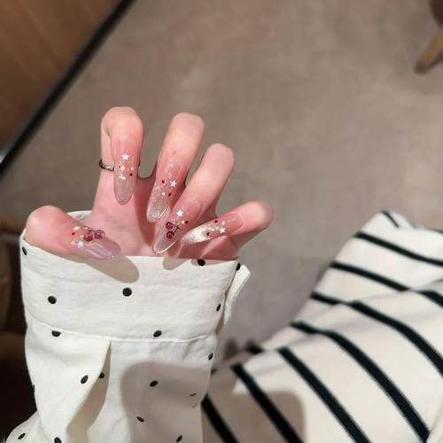 手工穿戴甲夏日小樱桃粉嫩少女心爆闪猫眼立体樱桃星星显白美甲贴