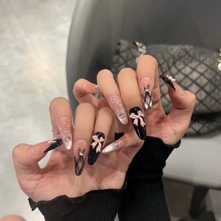 【公主格纹】新款甜酷风黑法粉蝴蝶结贴钻渐变猫眼甜心格穿戴甲