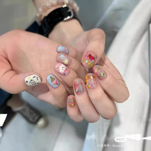 云朵狗冰淇淋美甲穿戴网红可爱卡通短款指甲可拆卸防水