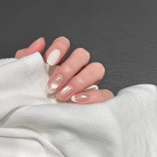 纯手工穿戴甲新法式猫眼白色富家百搭清新高级显白小红书美甲贴