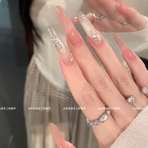 简约手工爆闪千金裸色气质渐变法式高级猫眼纯手工显白美甲穿戴