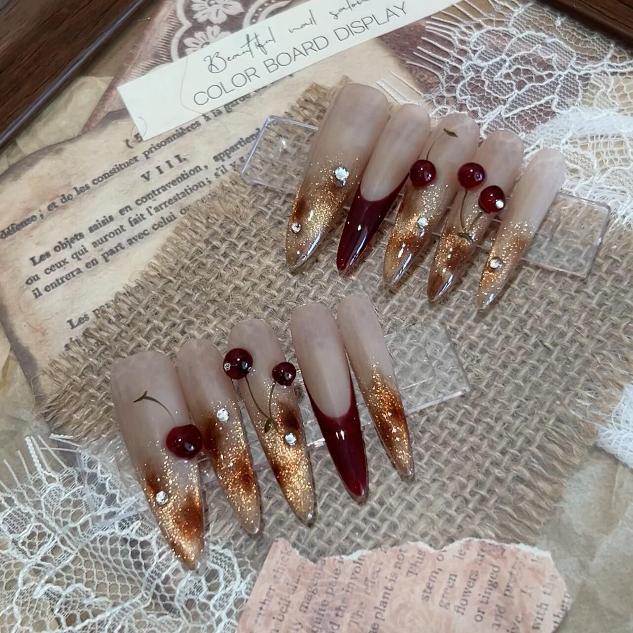 【琥珀樱桃】秋冬晕染显白玳瑁琥珀樱桃纯手工穿戴甲红色新年战甲