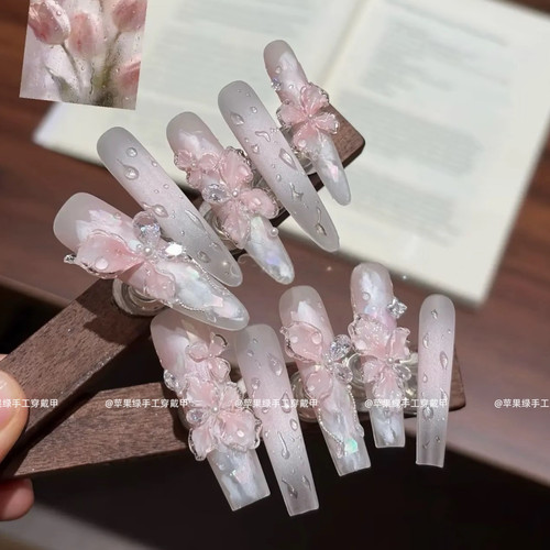 【露华浓】雕花蝴蝶手工穿戴甲小清新春夏爆款猫眼美甲可拆卸长款