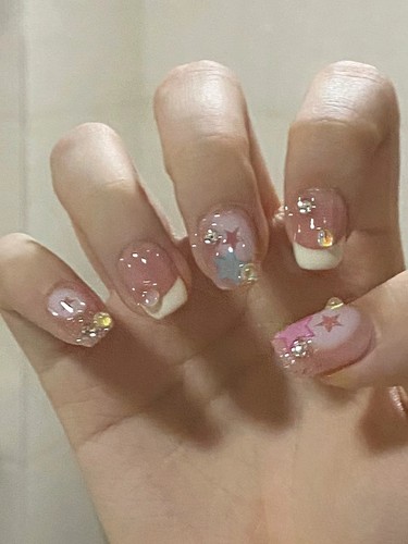 纯手工穿戴甲小红书同款春夏玩趣涂鸦星星可爱法式甜心美甲光疗甲