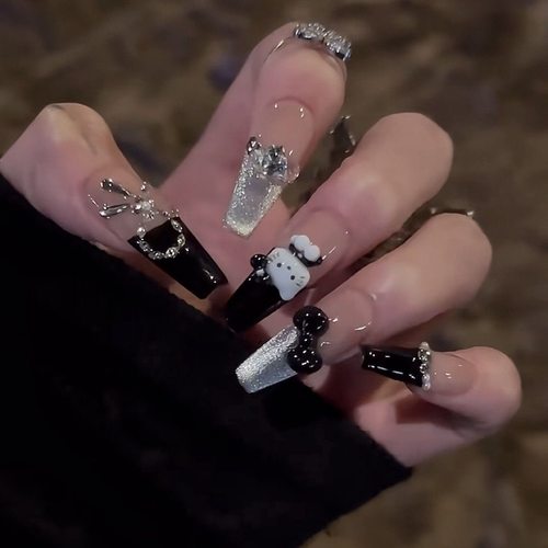 苹果绿穿戴甲纯手工美甲穿戴甲【AB款】黑白KT猫跳色拼钻蝴蝶闪钻