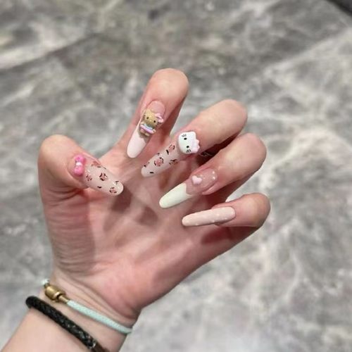 粉色纯手工穿戴豹纹Kitty渐变哈喽kitty美甲可爱显白高级指甲