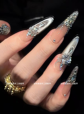 【月光星畔】高级感猫眼穿戴甲纯手工高级氛围感蓝色爆闪长款美甲