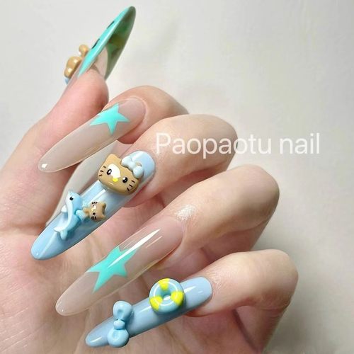 HelloKitty薄荷豹纹蓝绿美甲卡通可爱甜酷手工穿戴甲爆款小红书