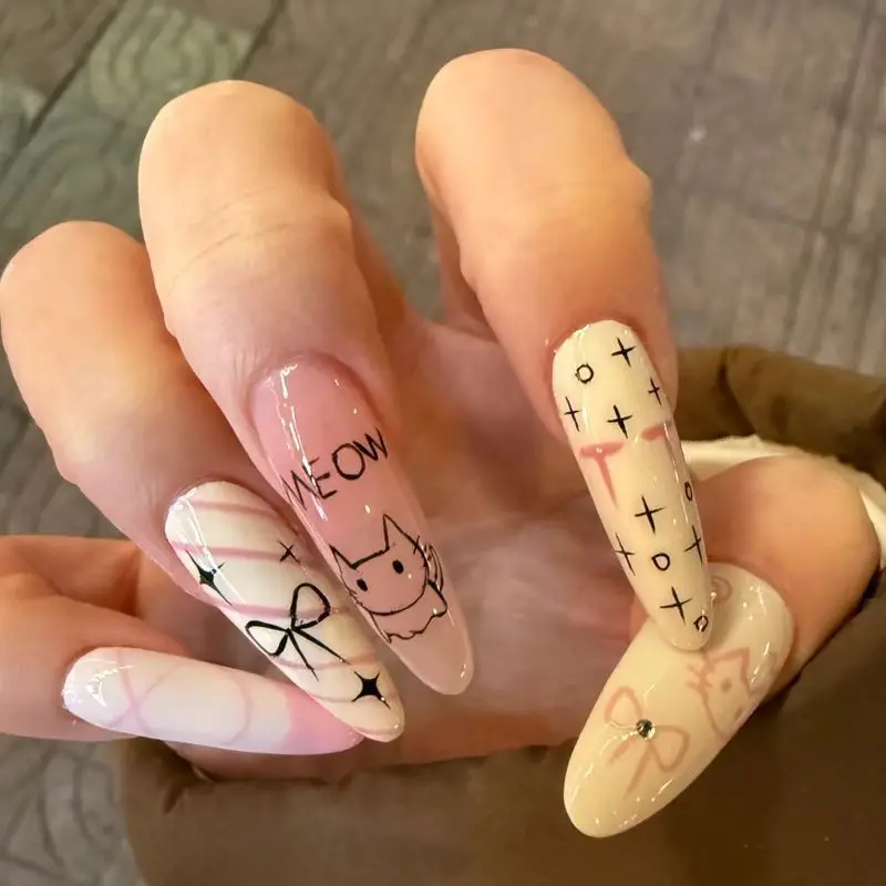 纯手工穿戴甲手绘芭蕾蝴蝶结小猫高级感气质ins小众学生辣妹美甲