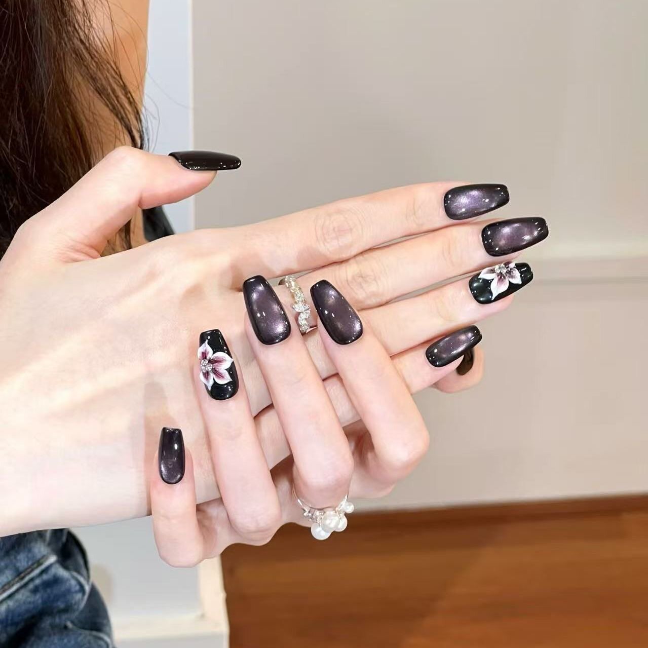 【黑色紫夜】穿戴甲纯手作紫色玻璃猫眼立体雕花美甲欧美甲