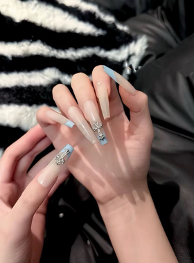 纯手工穿戴甲美甲气质蓝色法式鳄鱼纹十字架星芒穿戴甲纯欲加长款