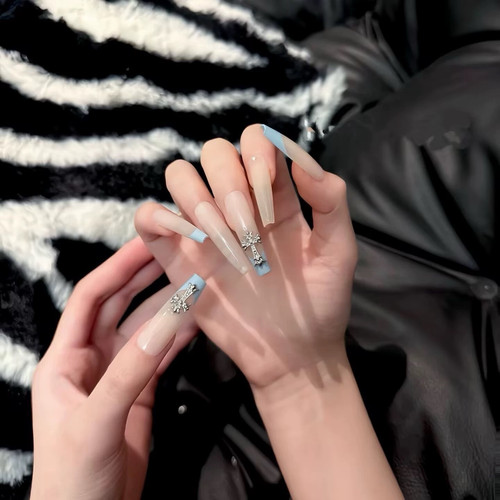 纯手工穿戴甲美甲气质蓝色法式鳄鱼纹十字架星芒穿戴甲纯欲加长款