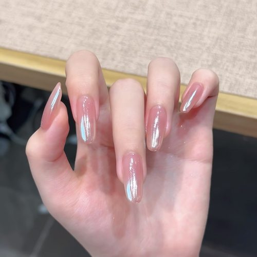 海莉同款电镀珍珠极光渐变裸色显白简约纯手工穿戴甲贴片高级感