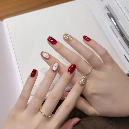 手工穿戴甲秋冬可爱新款波点显白红色跳色猫眼甲片高级感辣妹美甲