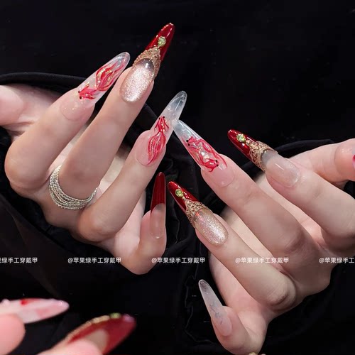 【鸿运锦鲤】纯手绘浮雕法式红色美甲小众设计国风美学长款穿戴甲