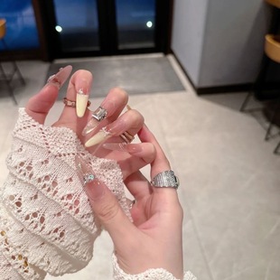 甜心奶黄色法式 夏日新款 蝴蝶结贴钻爆闪猫眼穿戴甲 甜心教主