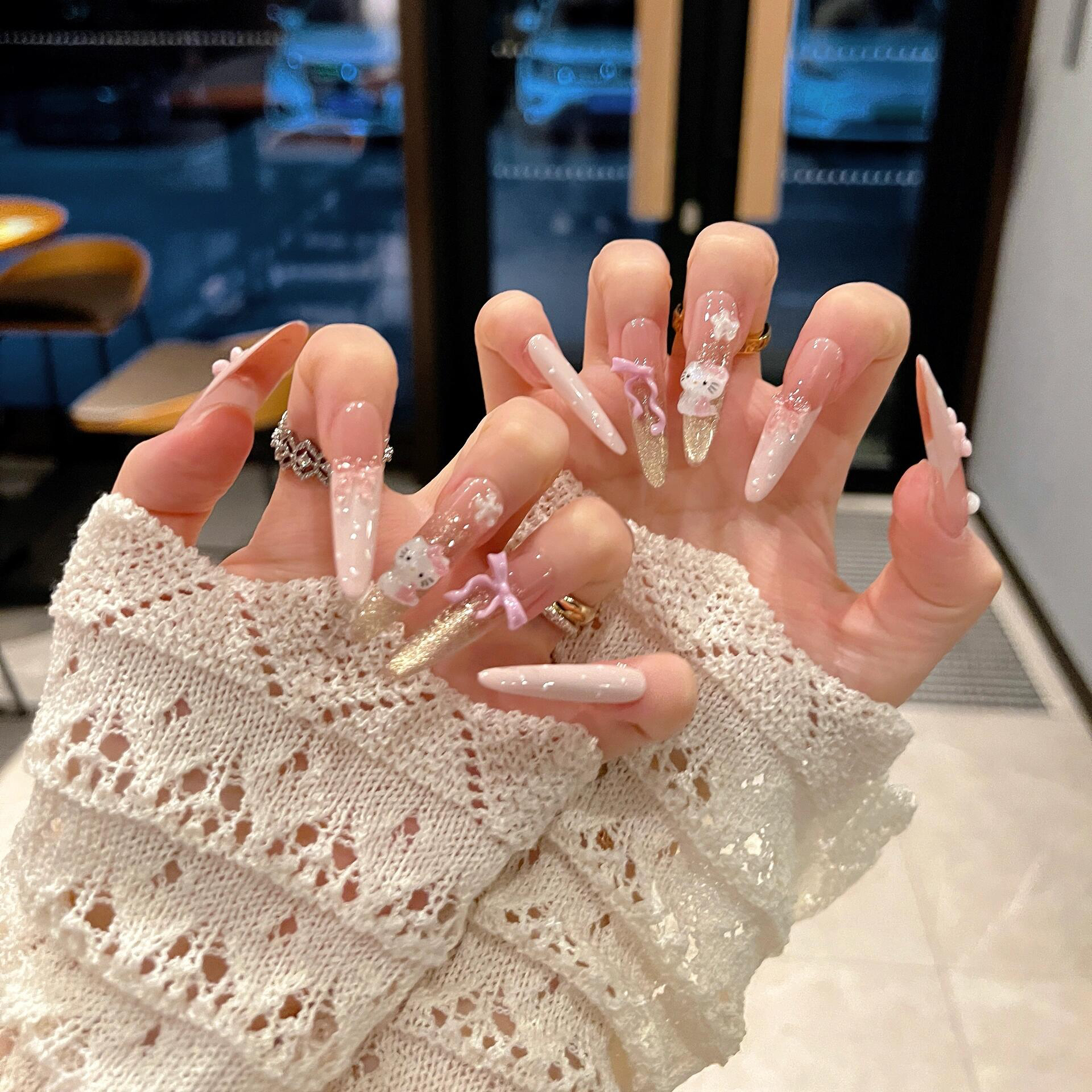 【甜心kitty】ins粉嫩少女心可爱手绘法式爱心贴钻蝴蝶结穿戴甲