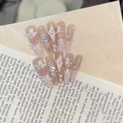 【花神】雕花冰透手工穿戴甲波点猫眼美甲可拆卸长款猫眼穿戴甲