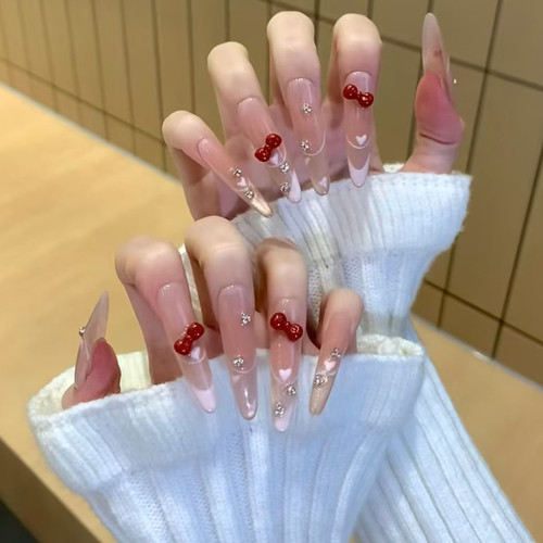 玫心绮梦纯手工穿戴甲甜美蝴蝶结法式手绘指尖爆闪猫眼高级感显白