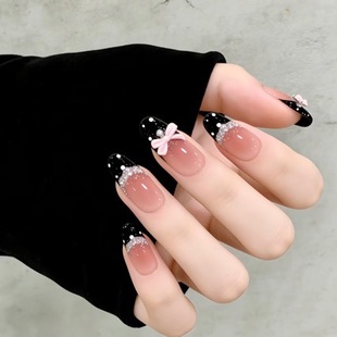 ins风穿戴甲黑色法式 美甲贴片假指甲 蝴蝶结可爱波点显白甲片爆款