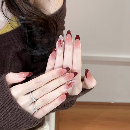 纯手工穿戴甲轻奢酒红法式手绘爆闪蝴蝶美甲辣妹高级ins风可拆卸