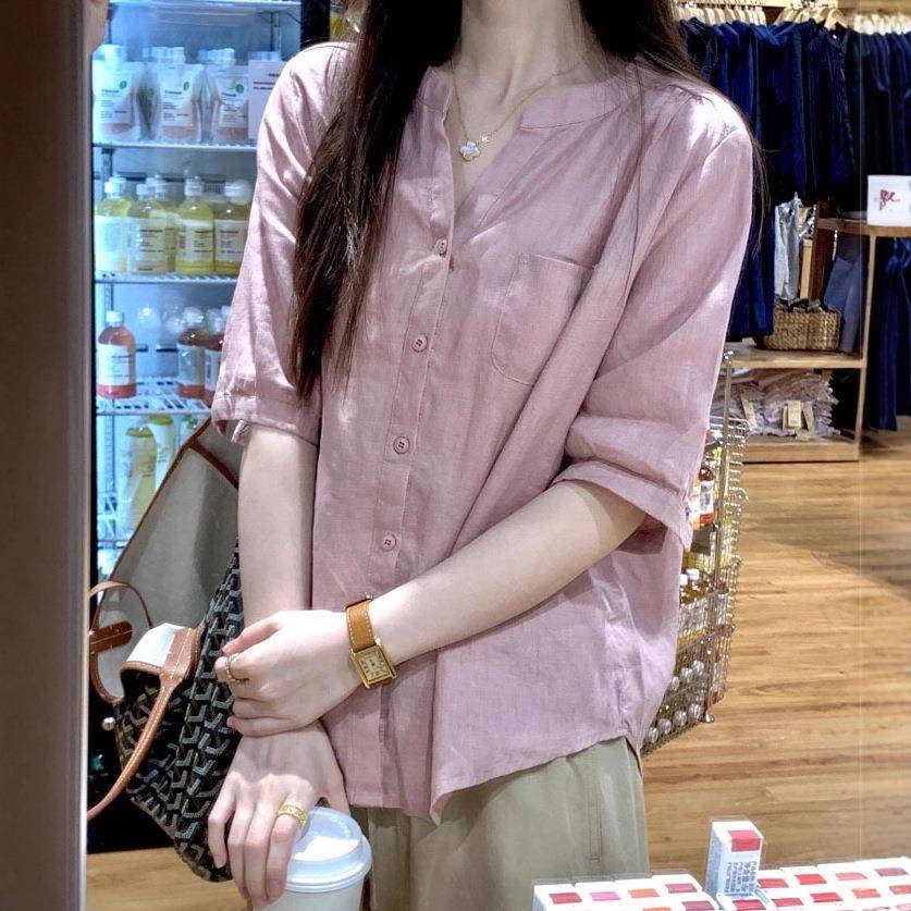 粉色棉麻短袖衬衫女秋季2025新款轻薄款衬衣好看的苎麻小衫上衣