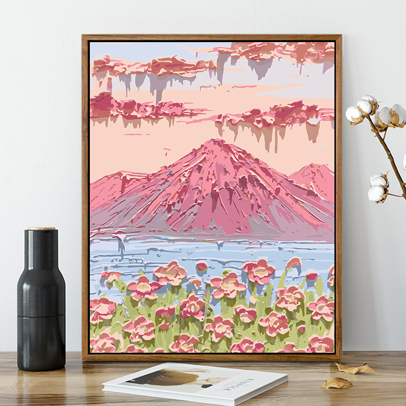富士山下樱花diy数字油画手工填充丙烯油彩画手绘填色植物风景画
