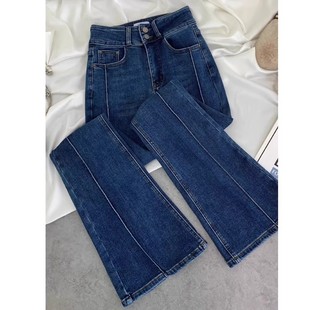 高弹双扣微喇牛仔裤女2025秋冬新款韩版修身加绒深蓝色复古喇叭裤