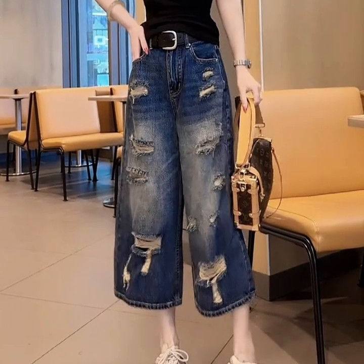 复古减龄洋气个性破洞大码牛仔裤女夏季新款梨形宽松八分阔腿裤潮