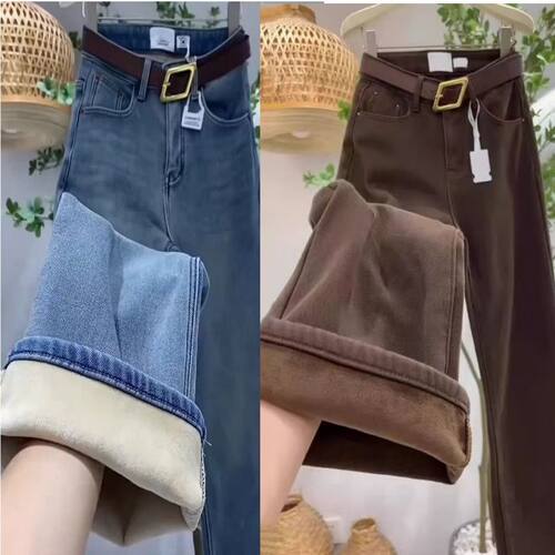 加绒加厚显瘦遮肉阔腿牛仔裤女