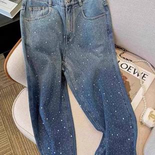 重工烫钻牛仔裤女渐变色蓝色2025秋季新款亮闪闪带钻阔腿直筒裤子