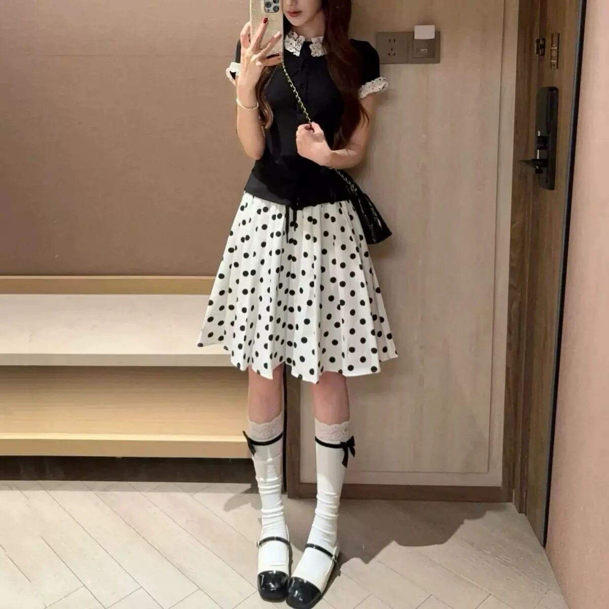 韩系复古学院波点半身裙女2026夏
