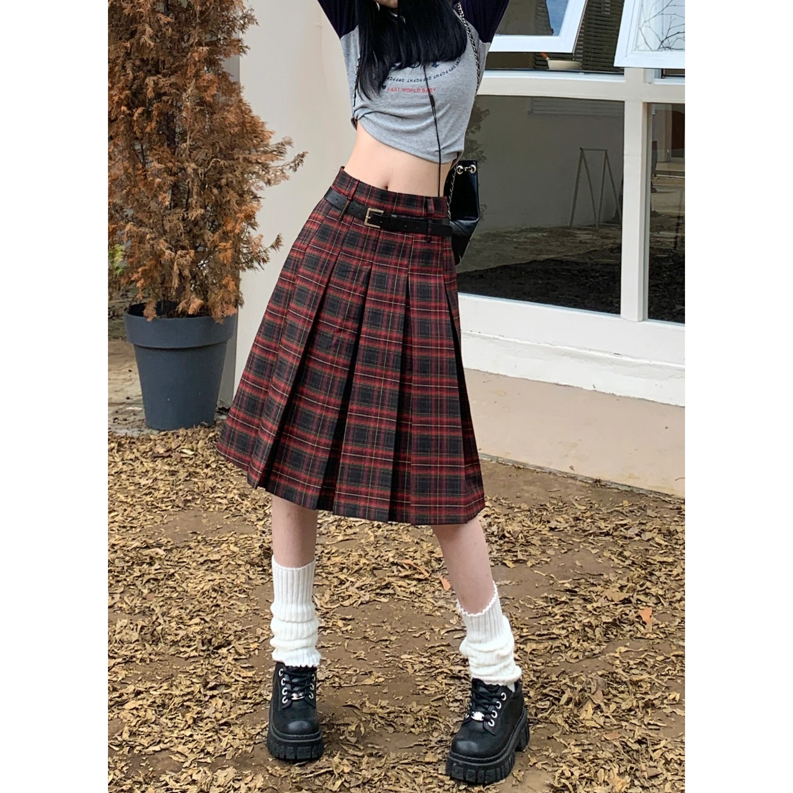 美式复古学院风格纹JK百褶裙女夏季红色格子休闲显瘦中长款半身裙