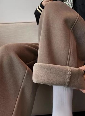 咖啡色阔腿裤小个子女冬季宽松拖地直筒裤加绒加厚垂感休闲长裤子