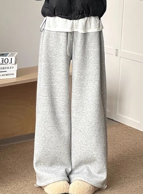 灰色羊羔绒加绒阔腿裤子女冬季两穿束脚休闲卫裤棉裤小个子运动裤