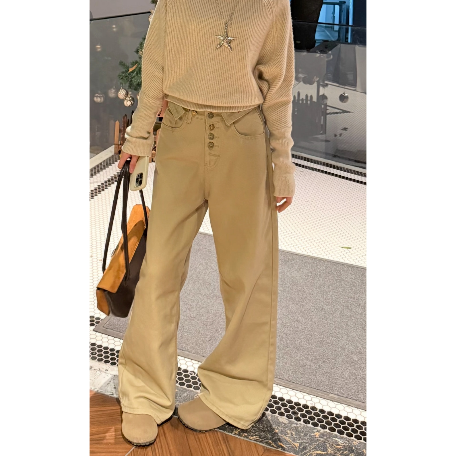 卡其色多纽扣牛仔裤女秋冬西海岸美式裤子高街vibe腰带直筒休闲裤