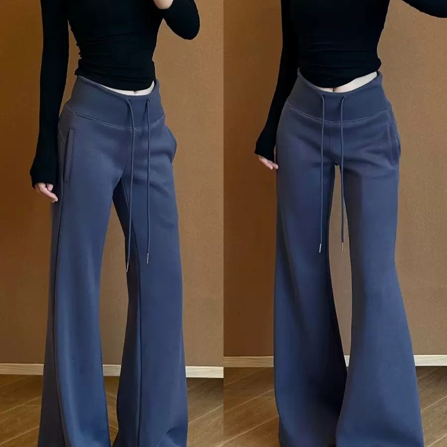 藏青色加绒微喇裤子女秋冬季垂感