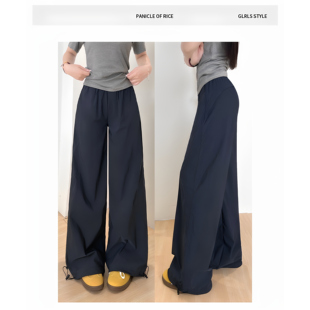 藏青色工装裤女款小个子春秋季2025新款休闲阔腿裤子直筒运动长裤