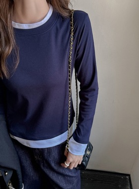 假两件t恤女春秋季新款宽松韩版慵懒风长袖正肩内搭高级感打底衫
