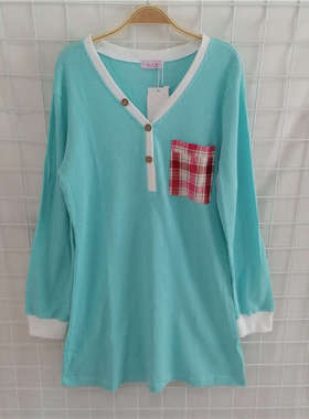 LY2185绿色格子口袋睡衣上装