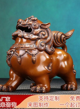 中式紫铜朝天狮瑞兽香炉摆件
