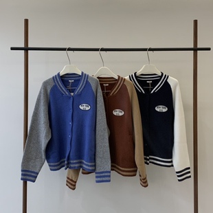秋冬新品韩国egg拼色学院风字母羊毛针织棒球服毛衣外套均码现货
