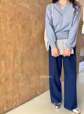 大象家韩国elephant设计款简约气质v领毛衣侧扣开衫均码